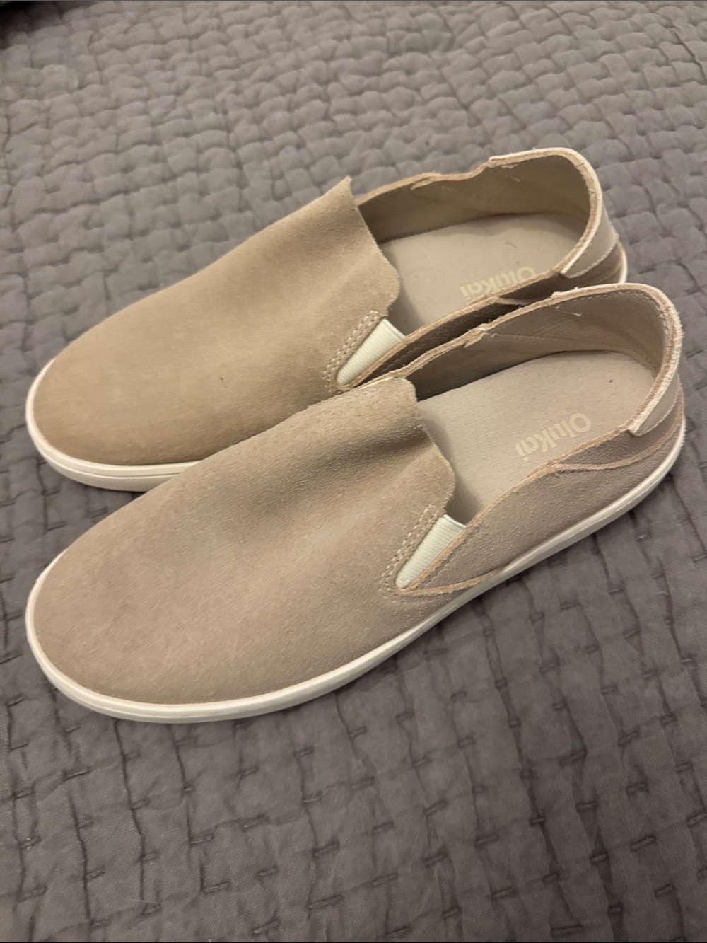OluKai Women's Slip-On Sneakers in Beige Suede
